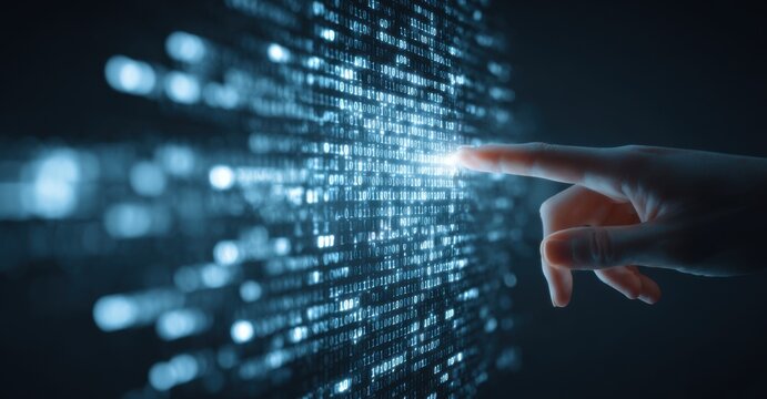 Human finger touching digital binary code stream on dark background with blue light effects. Technology innovation concept with futuristic interface and data visualization elements.