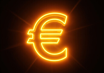 Fototapeta premium A neon yellow Euro (€) currency symbol glowing against a dark background. European economy, finance, cryptocurrency, banking, and trade concepts.