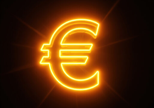 A neon yellow Euro (€) currency symbol glowing against a dark background. European economy, finance, cryptocurrency, banking, and trade concepts.
