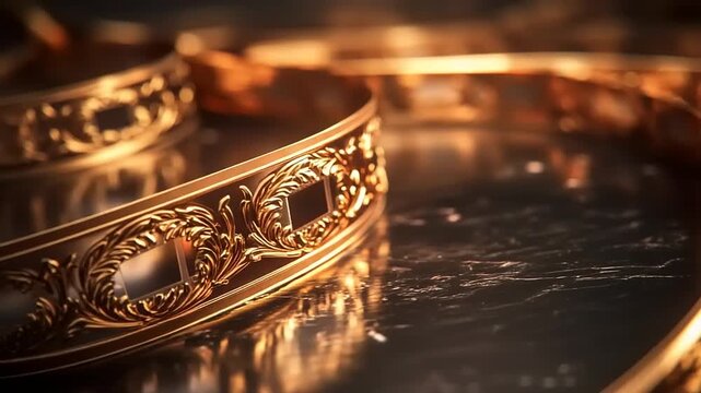 Ornate golden filigree band resting on dark reflective surface