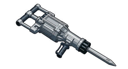Isometric illustration of a silver jackhammer tool with transparent background