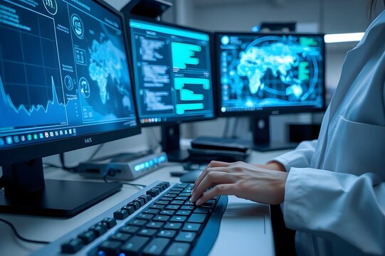Wissenschaft & Technologie Fotografie: Wissenschaftliche Datenanalyse der Zukunft, Forscherin nutzt fortschrittliche KI-Software am Computer