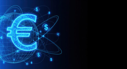 Dark, bright blue Euro symbol on a digital background with pixelated edges and rotating dollar symbols around it. Global finance.