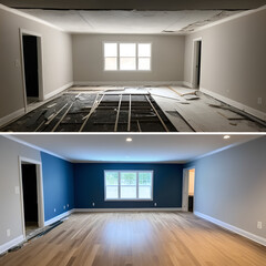 Rebuilding Spaces, Depict a side-by-side comparison of a damaged room undergoing renovation, with the new side featuring modern lighting, flooring, and decor.