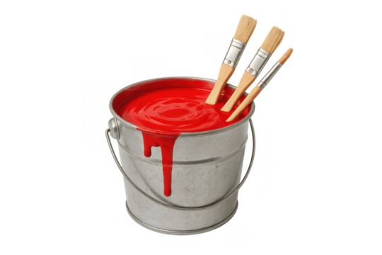 Red paint overflowing from a metal can with various paintbrushes inside, ready for art, craft, or home renovation