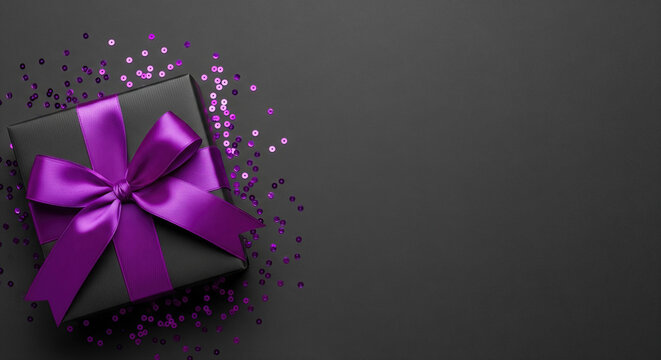 An elegant black gift box decorated with a purple ribbon and glittering sequins on a black background. A luxurious celebration. - Powered by Adobe