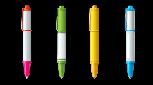 Set of colored plastic ballpoint pens and pencils for writing, drawing, and work, isolated on a white background