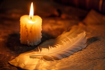 Quill pen on parchment with romantic candlelight, poetic vintage mood, warm tones.