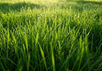 Obraz premium Lush green meadow grass basking in bright morning sunlight, showing texture and vibrant color. Perfect background for spring or summer themes ,day ,illuminated ,organic