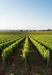 Naklejka premium Lush vineyard rows stretching toward the horizon under a bright sunny sky, emphasizing the natural beauty and abundance of the wine country setting, wine, rows, lush
