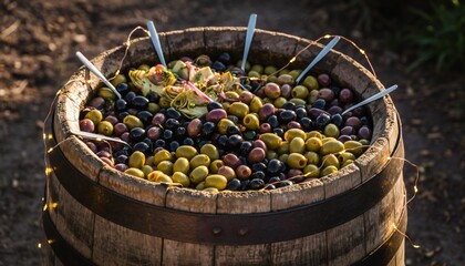 Rustic Wooden Barrel Overflowing with Colorful Mediterranean Olives and Serving Spoons in Golden Sunlight