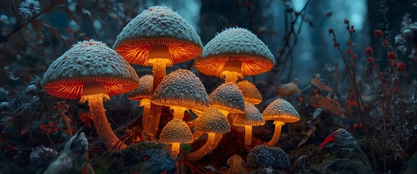 Luminescent mushrooms glowing amber through twilight forest undergrowth creating magical bioluminescent woodland scene
