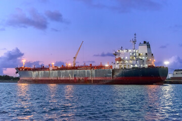 Cargo ship at sunset in the Port of Cabedelo, Paraíba, Brazil on May 27, 2023