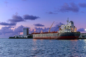 Cargo ship at sunset in the Port of Cabedelo, Paraíba, Brazil on May 27, 2023