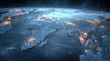 Global view of Earth at night with sparkling city lights illuminating continents. Modern digital world map, technological future.