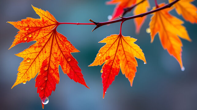 Bright red and yellow maple leaf with dew hanging from a branch in autumn