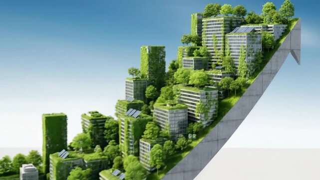 A conceptual illustration of a sustainable, eco-friendly city model shown climbing an upward pointing arrow. Buildings are covered with greenery and some have solar panels on their roofs. The city rep