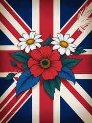 Creative british style background with flowers and united kingdom uk flag, AI generated illustration