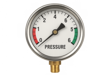 Pressure gauge showing measurement with needle indicator on a white dial and warning zones, transparent background
