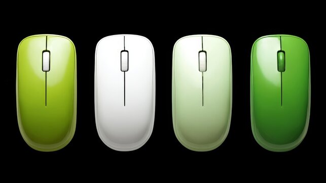Black or green background frames the wireless optical computer mouse with a scroll wheel and click buttons, a common technology device for PC input