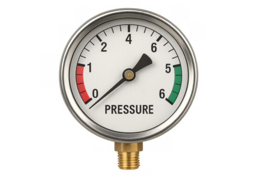 Pressure gauge showing measurement with needle indicator on a white dial and warning zones, transparent background