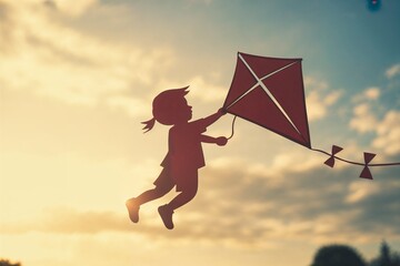 Girl flying a kite at sunset