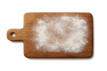 Wooden cutting board with flour texture, preparing dough for baking, cooking, transparent background