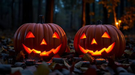 Two jack-o'-lanterns with glowing, carved faces sit amidst fallen autumn leaves, casting a warm, whimsical glow in the dim, forested background.