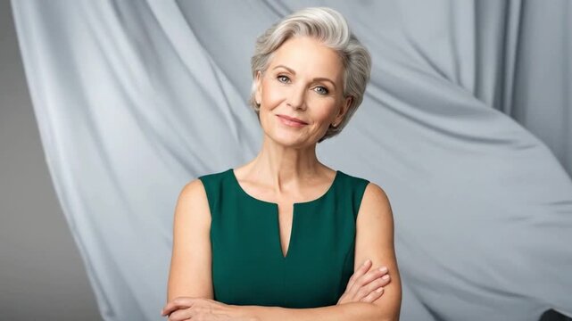 A confident and elegant mature woman with neatly styled short grey hair smiles warmly at the camera, her arms gently crossed. Dressed in a sophisticated dark green sleeveless top, she projects an air 
