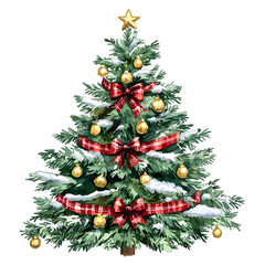 Watercolor Classic Christmas Tree with Snow, Red Ribbons, and Gold Ornaments Vector Illustration
