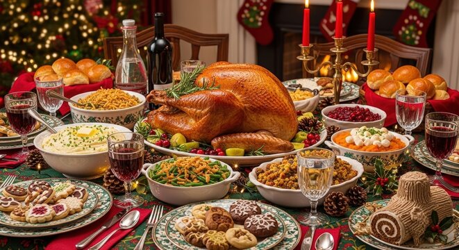 Feast of Festivity: A beautifully arranged Thanksgiving feast graces the table, the centerpiece being a roasted turkey, surrounded by classic holiday side dishes and festive decorations. - Powered by Adobe