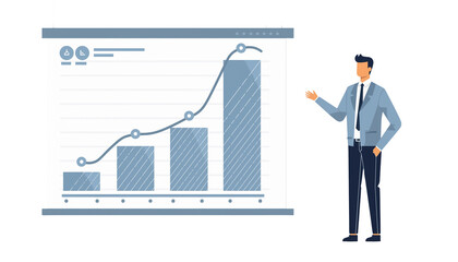 Illustration of a businessman presenting a bar graph on a screen with a blue and white color scheme and a professional mood.