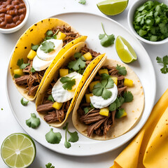 A vibrant plate of two traditional Mexican tacos with seasoned meat, fresh pineapple, onion, and cilantro on a white background