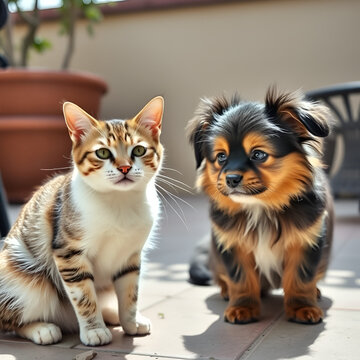 Un gato y un cachorro se miran fijamente en un patio soleado.