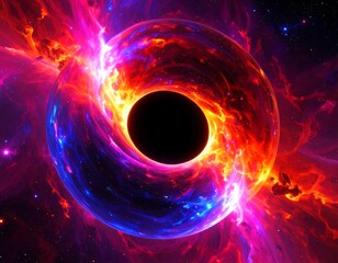 A cosmic black hole with vibrant, fiery plasma swirling around the dark singularity