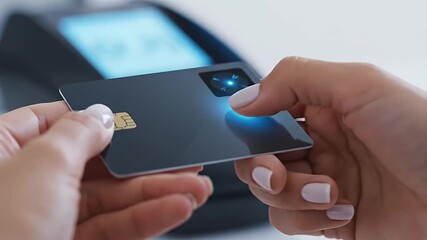 Close-up of hands using a futuristic biometric payment card with a glowing fingerprint scanner for secure authentication performing a fast contactless transaction - Powered by Adobe