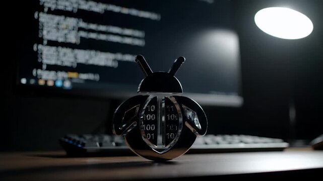 Abstract metallic bug icon with binary code on a desk with a blurred computer screen displaying programming language Concept of software debugging and cybersecurity