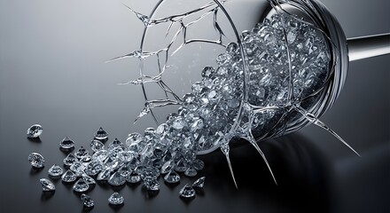 A close-up image of a shattered glass tumbler with ice cubes spilling onto a dark surface, illustrating the impact and fragmentation of glass material