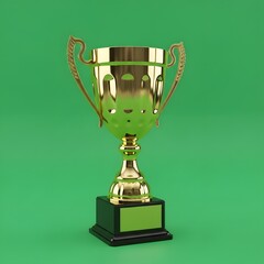 A shiny gold trophy cup with handles and a black base set against a vibrant green background symbolizing achievement and success