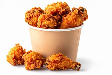 Fried Chicken Bucket with Crispy Pieces Isolated on White Background. Ai Generated