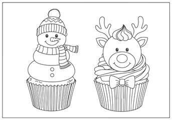 Cute Winter Holiday Coloring Book Pages Featuring Festive Snowman and Reindeer Cupcakes for Kids