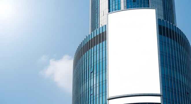 Blank vertical billboard mock-up on a modern glass skyscraper - Powered by Adobe