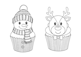Cute Christmas snowman and reindeer cupcake characters for a children's coloring book page, a festive winter holiday activity vector illustration b