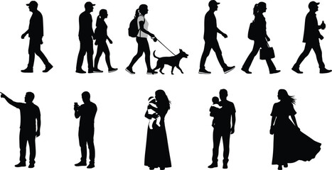 Human silhouette vector, walking and standing poses, daily activity icons, holding baby, phone, dog, cad drawing flat vector illustration