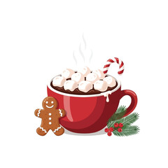 A festive red mug of hot chocolate with marshmallows, a candy cane, gingerbread man, and holly.
