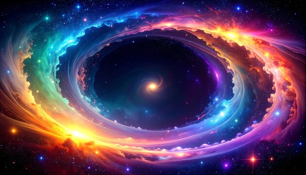 A cosmic vortex swirls with vibrant colors, a bright core drawing everything in