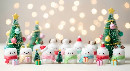 Whimsical kawaii Christmas scene featuring white fuzzy toy creatures with soft colors and sparkling festive bokeh.