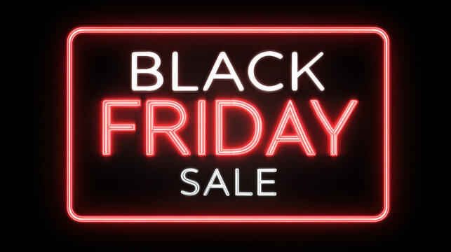 Black friday sale neon sign glowing on black background, modern bold typography, high-contrast minimal advertising design
