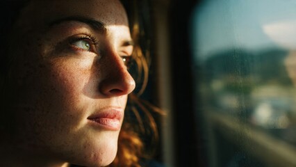 Pensive woman gazes through window with sunset light

