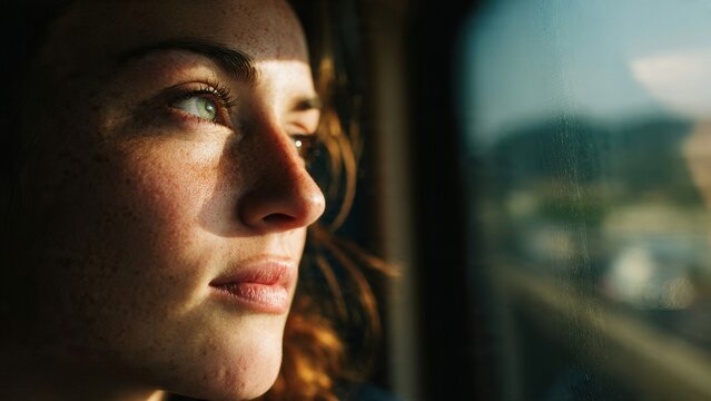 Pensive woman gazes through window with sunset light